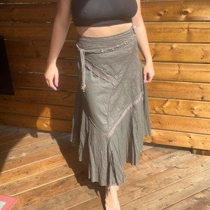 Bohemian Vintage Sage Green Maxi Skirt with Beaded Belt